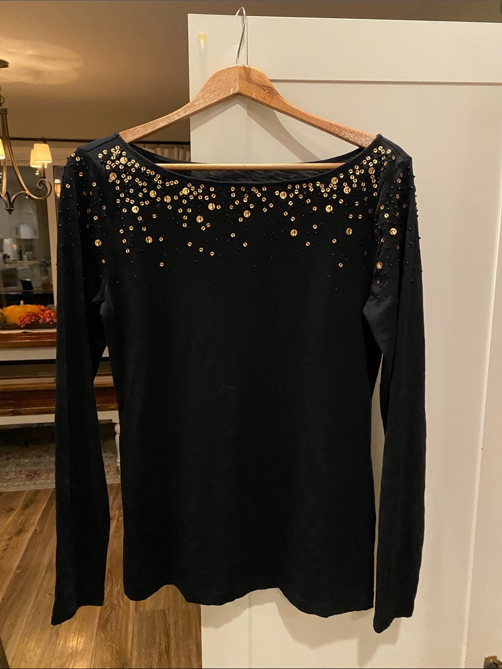 LOFT Black Long Sleeve Top with Gold Sequin Accents